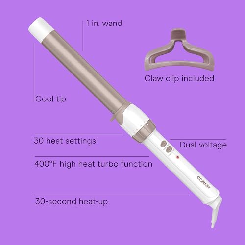 Conair Double Ceramic 1-Inch Curling Wand with Claw Clip, Produces Flawless Waves, Curling Iron for Use on Medium and Long Hair, 30 Heat Setting Curling Iron, White
