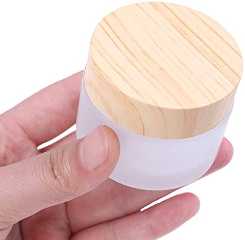 Healthcom 8 Pack 50 Gram/50 ml Round Empty Jars Frosted Glass Bottle Cosmetic Cream Jar Wood Grain Lid Cosmetic Container Glass Cream Box Refillable Lotion Cream Pot Jars for Makeup Lip Balm Eyeshadow