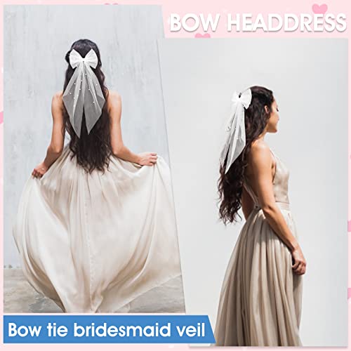 Bridal Pearl Hair Bow Veil Bridesmaid Large Hair Bow Wedding Veil with Barrette Bachelorette Party Decorations Bridal Bridesmaid Gift (White)