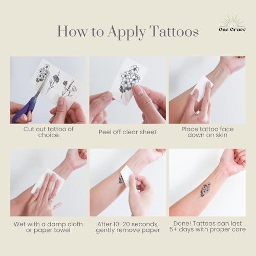 One Grace Mini Black Flower Temporary Tattoos - Realistic Long Lasting Waterproof Tiny Tattoos - Cute Floral Bouquet Wild Plants Small Tattoos for Women and Men