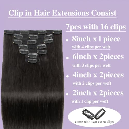 Clip in Hair Extensions Real Human Hair,24 Inch 7Pcs 120g Seamless Human hair Clip in Extensions for Women Invisible Straight 1B Natural Black Hair Extensions Clip ins Double Weft