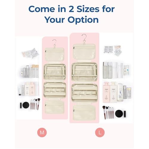 BAGSMART Travel Toiletry Bag with Jewelry Organizer, Hanging Travel Bag for Toiletries, Puffy Makeup Cosmetic Bag Organizer, Carry-on Travel Accessories Essentials, Beige-M