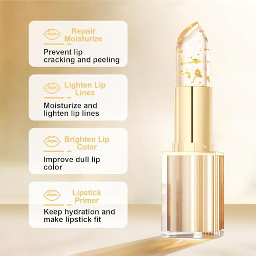 Transferproof Color Changing Lipstick,Gold Crystal Ph Lipstick Color Changing,Clear Lip stick That Changes Color,Long Lasting 24 Hours Moisturizing Glossy Shine Lip Gloss for Women (1pcs)