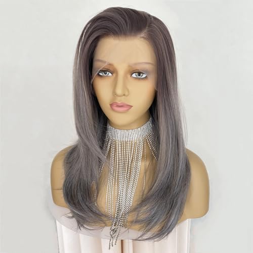 Ash Gray Brown Wig Highlight Dark Grey Color 13x4 Lace Front Wigs Layered Style Wavy Synthetic Fiber Hair 18Inch Pre Plucked for Women
