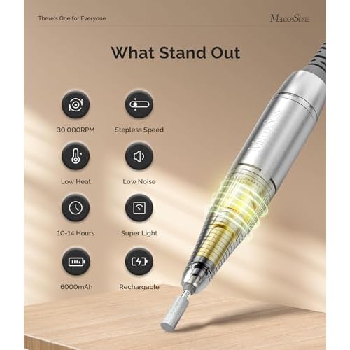 MelodySusie Professional Nail Drill 30000RPM, SC320D Rechargeable Electric Nail Drill Machine, Cordless Nail E File for Acrylic Gel Nails, 8pcs Nail Bits 50pcs Sanding Bands, Selene Pink