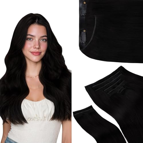 GOO GOO Genius Clip in Hair Extensions, 14inch 130g 9pcs, Seamless PU Clip in Hair Extensions, Straight Virgin Real Human Hair, 1 Jet black