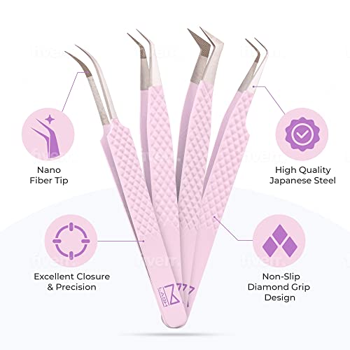 M LASH Tweezers for Eyelash Extensions (Set of 4) - Professional Lash Extension Tweezers - Fiber Tip, Japanese Steel, Diamond Grip Eyelash Extension Tweezer (ET-GRN)