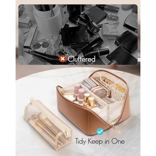 Vlando Travel Makeup Bag,Brown Leather Make up Bag,Portable Toiletry Bag with Divider and Handle,Gifts for Women (Brown)