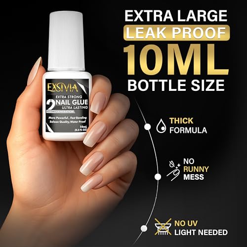 Super Strong Nail Glue for Press On Nails, Acrylic Nails & Nail Tips (10ml) Exsivia 2nd Gen NailBond for Fake Nails, Extra Strength,Long Lasting, Brush on Adhesive, No Dehydrator or Primer Needed