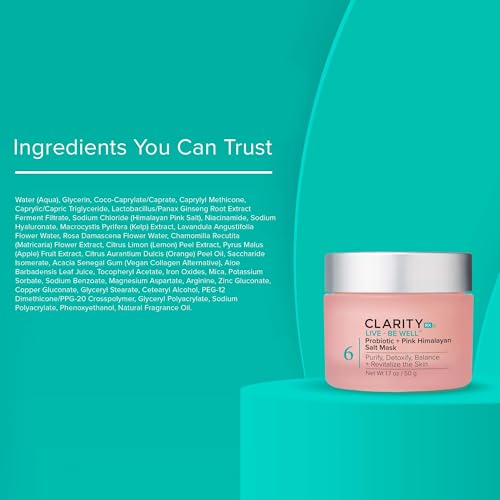 ClarityRx Live + Be Well Probiotic + Pink Himalayan Salt Face Mask, Natural Plant-Based Moisturizing Facial Treatment for All Skin Types, Reduces Redness, Acne & Signs of Aging (1.7 oz)