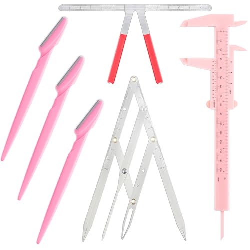 Weewooday 6 Pieces Tattoo Eyebrows Rulers 3 Point Positioning Ruler Mini Caliper Double Scale Vernier Calipers Eyebrow Caliper Microblading Ruler Measuring Tool with Eyebrow Shaver(Pink)