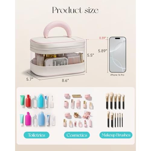 Vlando Travel Makeup Bag, Large Travel Toiletry Bag for Women Girl, Waterproof Cute Cosmetic Bag with Handle, Clear Make up Bag for Cosmetic, Brushes, Skincare-Cream White