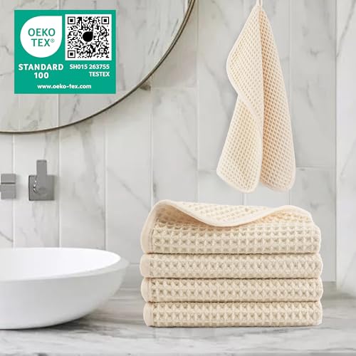 POLYTE Microfiber Lint Free Washcloth Face Towel, 13 x 13 in, 4 Pack (Waffle Weave)