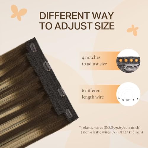 DOORES Wire Hair Extensions 14 Inch 75g Remy Human Wire Hair Extensions Invisible Transparent Line Adjustable Hairpieces Secret Extensions Straight Hair Balayage Chocolate Brown to Honey Blonde