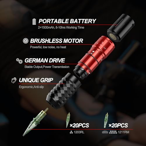 Tattoo Gun,Solong Tattoo Gun Kit Professional 2 Batteries 7 Strokes Wireless Tattoo Kit 6500Rpm Brushless Motor Digital LED Display Tattoo Machine with 20Pcs Tattoo Needles SLE75KIT-1-US