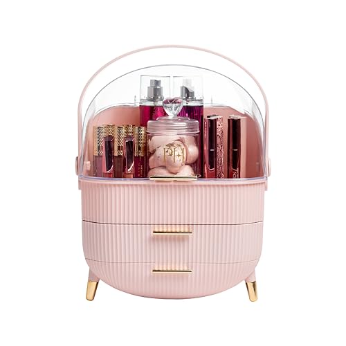 Paris Hilton Makeup Storage Organizer with Lid, Cosmetics and Skincare Organizer for Vanity, Portable Makeup Storage Box for Countertop, Fluted Design with Gold Accents, Pink