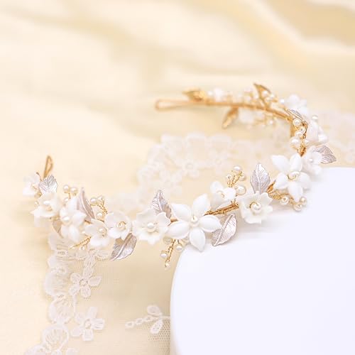 Oriamour Wedding Headbands With Ceramic Flowers Bridal Wedding Headpieces For Women Girls Pearls Headband With Leaves Desgin (Gold)