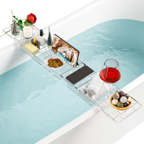 Yieach Iuxury Bathtub Trays For Tub,Expandable Bath Shelf Over Tub,Clear Bath Table,Bath Board,Bath Caddy Tray and Bath Tub Accessories for Women Relaxing With Bath Reading Book and Ipad Holder,1 Pack
