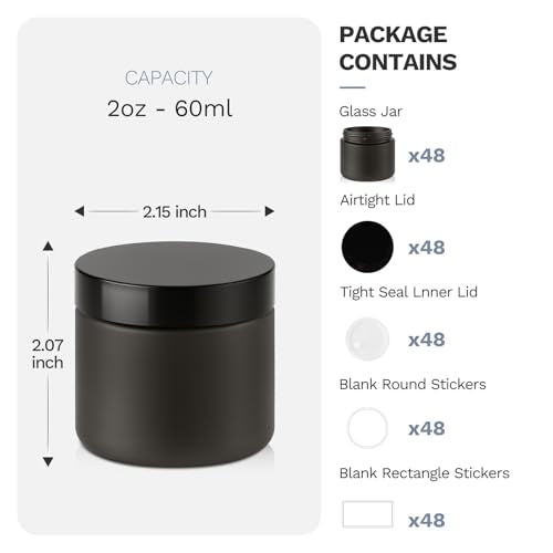 2 oz Glass Jars with Lids, Bumobum 48 pack Black Cream Jars with Black Lids, Black and White Labels & Inner Liners, Empty Cosmetic Containers for Cream, Lotion, Ointment
