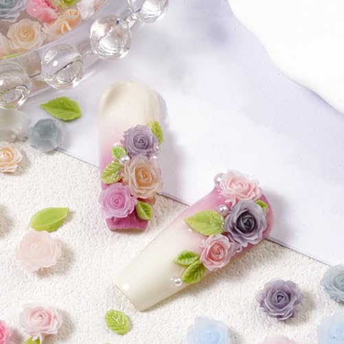 100pcs 3D Camellias Rose Flower Nail Art Charms with Nail Pearls Cute Leaves Flower Nail Charms for Acrylic Nails Colorful Nail Flowers for Nails Charms Floral Nail Charm Resin Charms for Nails Design