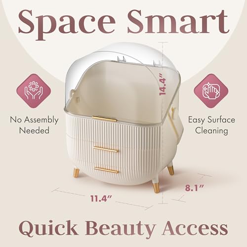 Covered Makeup Cosmetic Countertop - Large Cosmetic Organizer - Trendy Oval Shape Storage for Skin Care Organizer - Clear Lid, Storage Drawers, Carry Handle - Cute Stylish Decor Solution (White)
