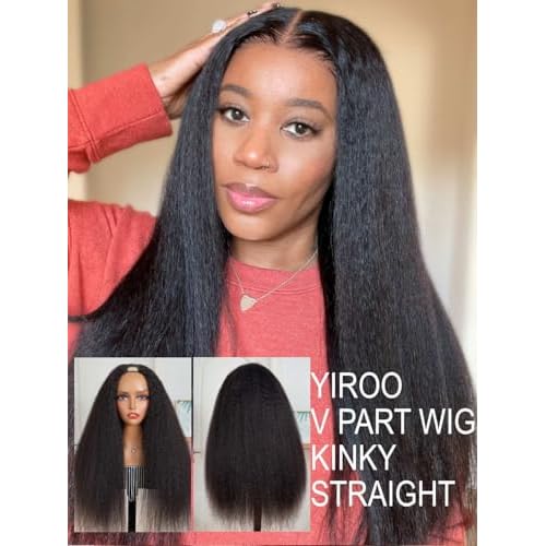 YIROO Hair V Part Wig Human Hair Kinky Straight Wig No Leave Out Upgraded U Part Wigs for Women 12A Yaki Straight Glueless Wear And Go V Shape Clip in Wigs Beginner Friendly 150% Density 20 Inch