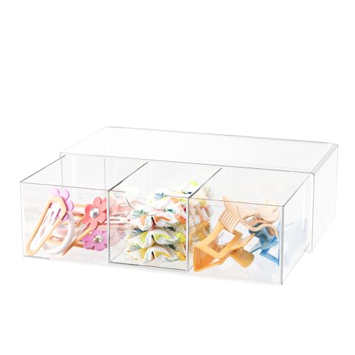 Hair Accessories Organizer for Girls, Clear Acrylic Hair Bow Tie Clip Scrunchie Holder with Removable Divider, Cute Small Stackable Storage Drawer Container Caddy Box for Bathroom Vanity Countertop