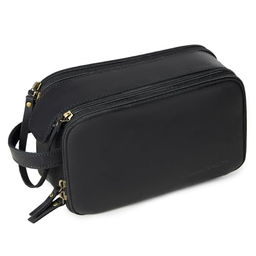Toiletry Bag for Men, Full Grain Leather Travel Pouch Shaving Dopp Kit Bathroom Toiletries Organizer Bags, Black