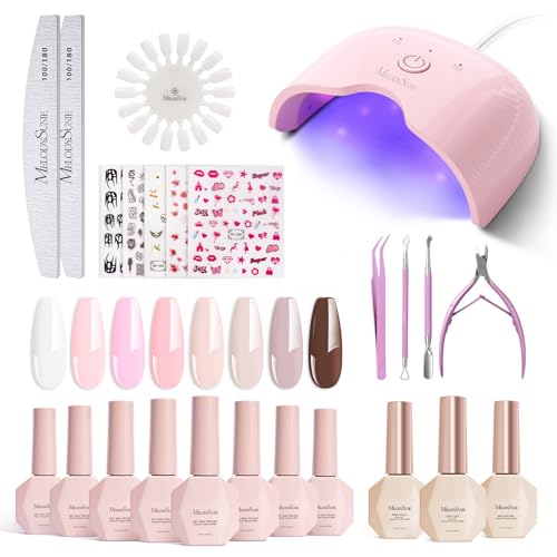 MelodySusie Gel Nail Polish Kit with UV Light P-ART06F- Popular Color Gel with Builder and Baser &Glossy Top Coat Soak Off Includes Nail Art Tools Nail Art Gift for Women & Girls