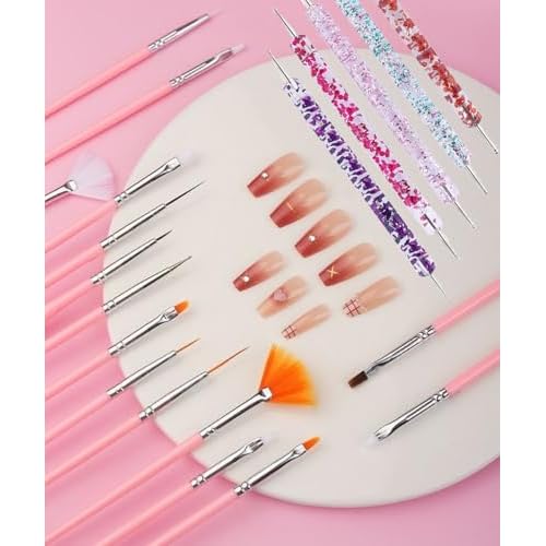 20 Pcs Nail Art Design Tools, 15 Pcs Nail Art Painting Brushes with 5 Pcs Double-end Nail Dotting Tools