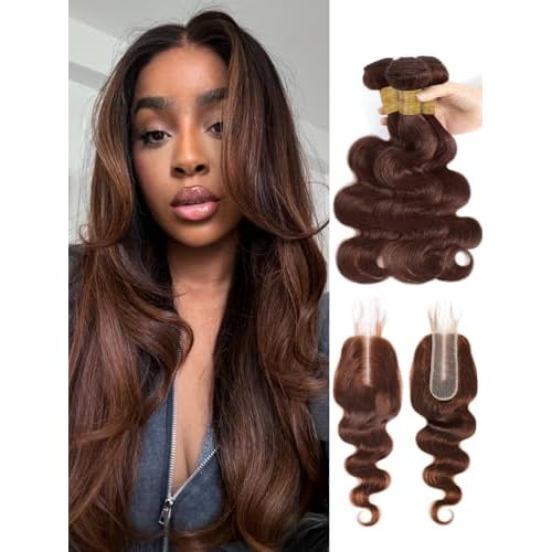 12A Chocolate Brown Bundles With Closure Human Hair Body Wave, Soft Glossy Wavy 100% Remy Hair Weaves Colored #4 Medium Dark Brown 3 Bundle and 2X6 HD Lace Closure Deep Part 14 16 18+14 inch