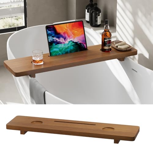 Premium 1.2IN Thickened African Solid Teak Bathtub Tray, 35¡± Waterproof Bath Caddy with Adjustable Legs, Bathtub Accessories, Fits Most Bath Tubs