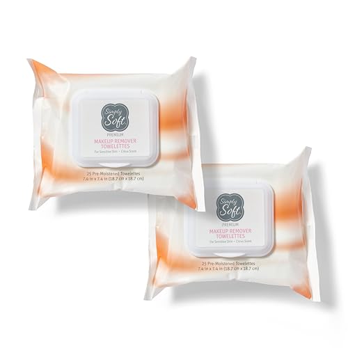 Simply Soft Premium Makeup Remover Towelettes 50 Wipes (2 packs of 25 wipes), Citrus Scent Makeup Wipes, Hypoallergenic & pH Balanced Sensitive Skin Cleansing Face Wipes, Non-greasy
