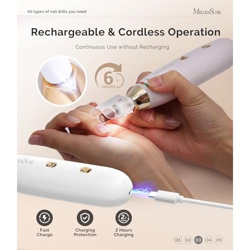 MelodySusie Professional Manicure Pedicure Kit, Cordless 8-in-1 Electric Nail Drill with 20 Speeds, Rechargeable E-File for Thick Nails & Cuticles, Ideal Foot Care for Women Men-PC650E (White Gold)