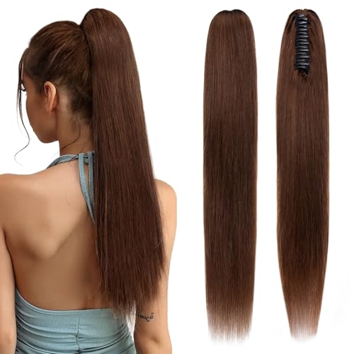 Human Hair Claw Clip Ponytail, Claw Clip Human Hair Ponytail,Effortless Application with Secure Hold,Style in Seconds,Quick Styling Solutions for Busy Lives, 22"/120g Medium Brown