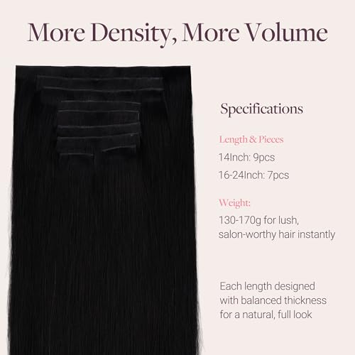 GOO GOO Genius Clip in Hair Extensions, 14inch 130g 9pcs, Seamless PU Clip in Hair Extensions, Straight Virgin Real Human Hair, 1 Jet black