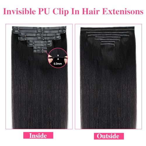 Injected Clip in Extension Human Hair Invisible Clip Ins for Women Brazilian Injected Clip ins Human Hair Natural Color 8 Pcs with 18 Clips 120g/Set (22 inch)