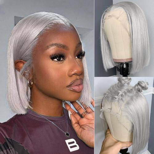 Silver Grey 13x4 Lace Front Bob Wig Brazilian Virgin Human Hair Wig Pre Plucked Hairline with Baby Hair UHD Transparent Lace Natural Looking Bleach Knots Glueless Wigs for Women 180% Density 14 Inch