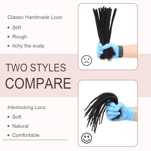 DAIXI Handmade Interlocking Locs 100% Real Human Hair Permanent Loc Extensions Textured Natural Looking Soft Dreadlocks (1B - 0.8cm, 10 Inch 20 Strands)
