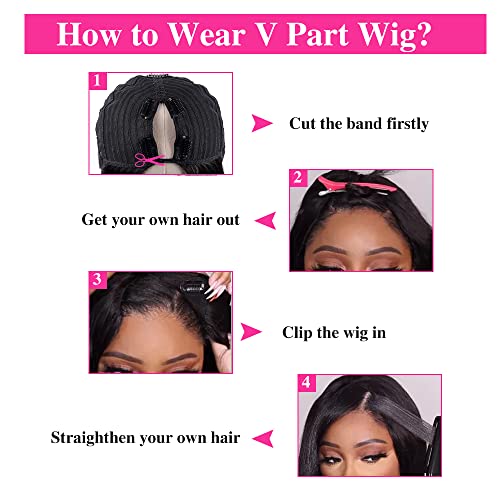 180% Density V Part Wig Human Hair with Drawstring Straight Brazilian Virgin Glueless Wig Human Hair for Black Women Upgrade U Part Wigs Full Head Clip In Half Wig No Leave Out Natural Color 8 Inch