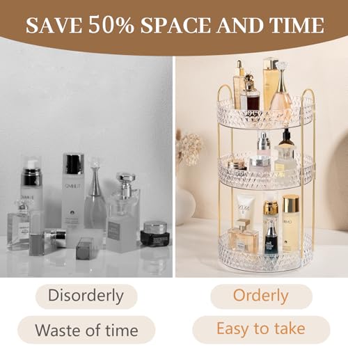 Rotating Makeup Organizer for Vanity, 3 Tier Perfume Skincare Storage for Women, Bathroom Counter Organizer, 360 Spinning Cosmetic Holder for Dresser Countertop, Clear