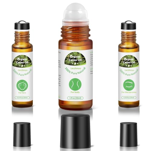Organic Castor Oil Roll on for Belly, Face, Body, Under Eyes? Certified Organic, Cold Pressed, Hexane Free, Unrefined ? 3 Glass Bottle Pure Roller Ball Castor Oil to Moisturize Skin, Lips