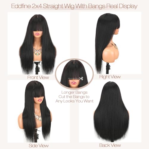 Straight Human Hair Wigs with Bangs 2x4 Lace Closure Wigs Human Hair 180% Density Drawstring Glueless Wigs Human Hair for Women Lace Front Wigs Human Hair Natural Black 18inch.