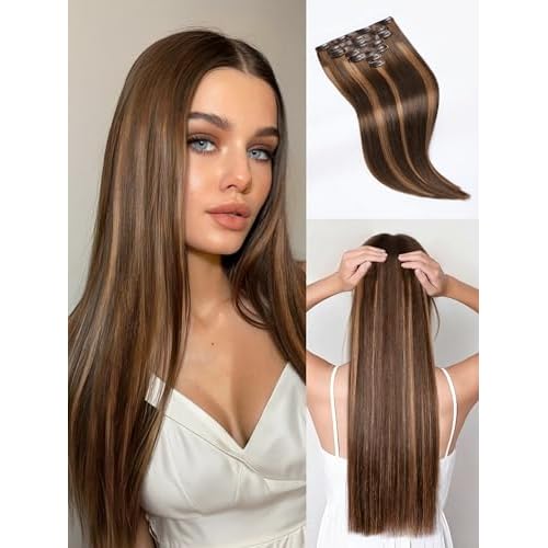 LUVME Straight Seamless 20inch 110g 7Pcs Clip in Hair Extensions Full Max Remy Human Hair Extensions, Highlight Color 100% Real Soft