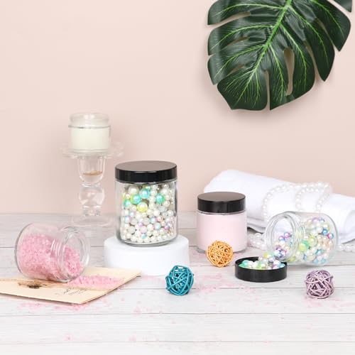 24 Pack 8 oz Glass Jars with lids, Clear Cosmetic Jars with Inner Liners and Black Lids, Lotion Jars, Candle Making Jars for Lotions, Scrubs and Cosmetic, Lables and Spatulas Include