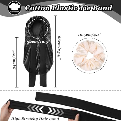 Silk Satin Hair Bonnet for Sleeping - Bonnets for Braids Black Women Curly Hair,Silk Hair Wrap Tie Band Long Big Silky Sleeping Cap with 2 Pcs Satin Scrunchies