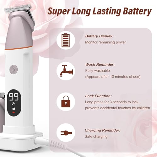 Bikini Trimmer for Women and Men,5-in-1 Wet/Dry Body Hair Trimmer,Gentle Hair Removal Shaver for Full Body Groomer,Electric Razor Shaver with USB Charge Dock-No Nick, No Cut, No Razor Burn,Pink