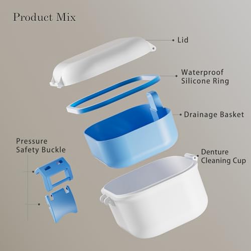 BVN Leak-Proof Denture Case, Denture Cup for Soaking Dentures, Retainer Cleaning Case Bule and White Denture Case