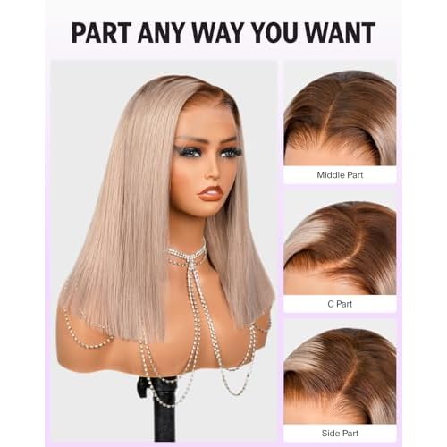 Ash Blonde Bob Wig Human Hair 13x4 HD Lace Frontal Wigs Pre Plucked with Baby Hair 20/Ash Blonde Ombre Lace Front Wig 210% Density Bleached Tiny Knots Straight Bob Wig 14 Inch