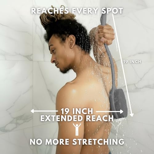 Silver Infused Long Handle Back Scrubber - 19 inch Premium Extended Reach Body Brush - Avilana Advanced Material Bath Tool Easy Grip - Luxury Body Wash Brush Gift